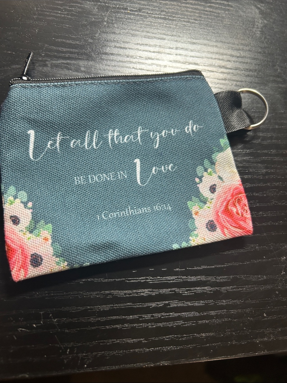 YNS Generic Teal Floral Scripture Cosmetic Pouch with key ring